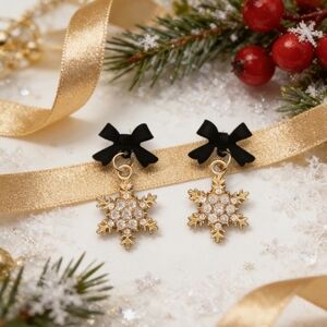 NEW Crystal Snowflake Drop Earrings Black Bow Winter Holiday Gift